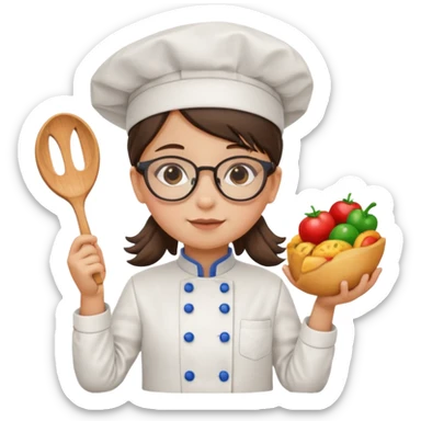 girl kid italian chef, uniform, wearing glasses, holding toy sticker