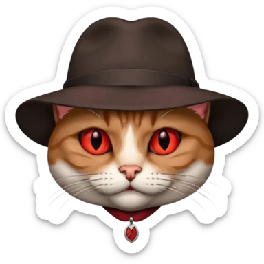 cat corleone mafia, red eyes, close head photo, hat brown with red emblement, RIP sticker