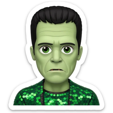 Frankenstein with black hair, dark green sequin outfit sticker