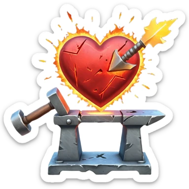 Heart being reforged on an anvil, sparks frozen mid-air sticker