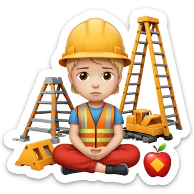 small child sitting on the floor, broken construction set nearby, sad face, apple style emoji sticker