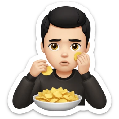 a PRETTY BRATZ boy with black hair, stuffing his face with chips and looking sad sticker