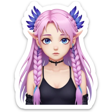Gorgeous beautiful pretty grumpy anime lady long-pale-whitish-pastel-pink-hair with one braid on each side, hanging gradient-purple-pink feather-ear-cuffs on each side in hair, black bodysuit covering neck, blue eyes, pink iris, ethereal, fashion aesthetic  sticker