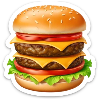Cinematic juicy cheeseburger, perfectly grilled patty, melted cheese, crisp lettuce, tomatoes, and pickles, soft sesame seed bun, glossy and rich, warm glowing background, ultra-detailed and appetizing. sticker