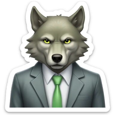 Portrait of Big Bad Angry Wolf with a human-like face wears a sleek jacket grey and a pastel green tie like a salesman and eyes color matching the tie sticker