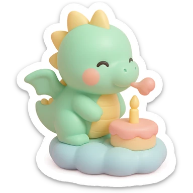happy dragon blowing out 1 candle on cloud cake, vinyl figure style sticker