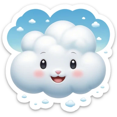Cinematic tiny puffy bunny-shaped cloud, floating gently in the sky, soft glowing light, tiny rounded ears, smiling face, dreamy and magical. sticker