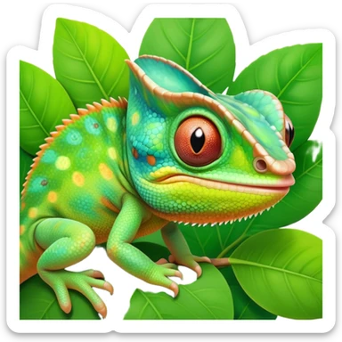 cinematic cute-smiling baby chameleon-realistic emoji,-blending-with-vibrant-greenery.-detailed-scales-in-shifting-colors,-showing-the-chameleon’s-ability-to-camouflage.-soft-natural-light-highlights-its-texture.-light-background, zoomed into its face sticker