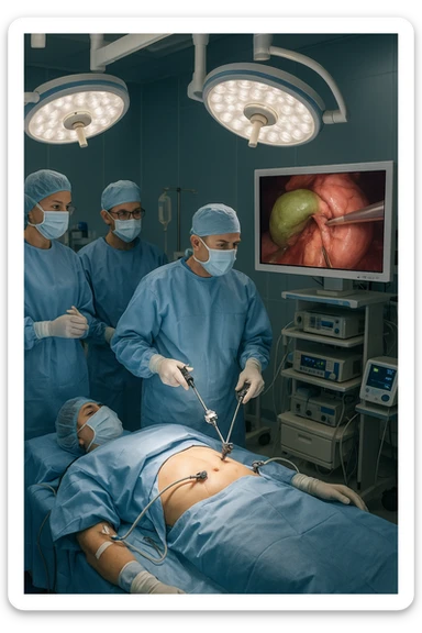 A realistic, clinical image inside a modern operating room during a laparoscopic cholecystectomy (gallbladder removal surgery). A team of surgeons in sterile gowns, masks, and gloves focus intently on the patient lying on the operating table. High-tech laparoscopic instruments are inserted through small incisions in the patient’s abdomen. On a large screen nearby, a close-up video feed shows the gallbladder being carefully dissected and removed using precise surgical tools. The environment is brightly lit with cool white surgical lights, and all medical equipment is clean and state-of-the-art. The mood is professional and sterile, conveying a sense of precision, care, and medical expertise. The patient is under anesthesia, covered with sterile drapes, with monitoring devices attached sticker