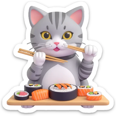 grey tabby kitten eating sushi sticker