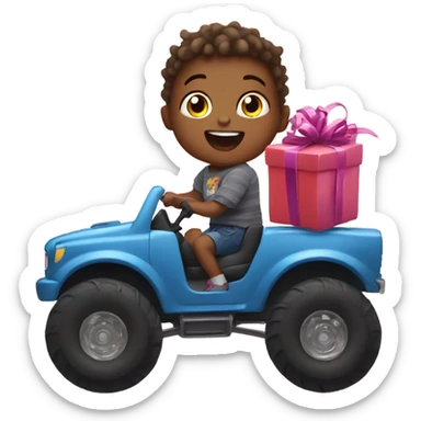 Toddler riding monster truck opening presents sticker