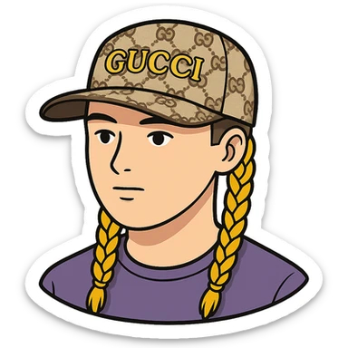 Homme avec des tresses plus courtes et une casquette Gucci, style sticker, sans fond. Note: style sticker does not support editing, so using general style editor with sticker style intention. sticker
