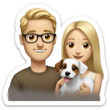 Blonde girl and her white boyfriend with brown hair and glasses cuddling a jack Russell  sticker