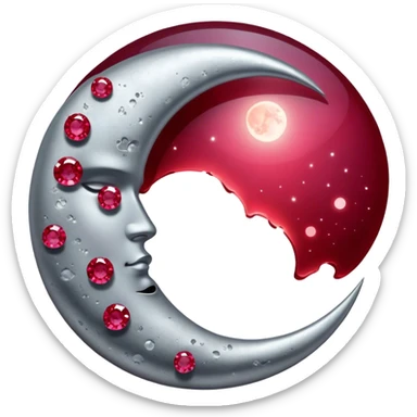 A glowing half-moon illuminates scattered rubies, blending lunar silver with deep crimson. The gemstones shimmer softly, creating a mystical and elegant scene. sticker