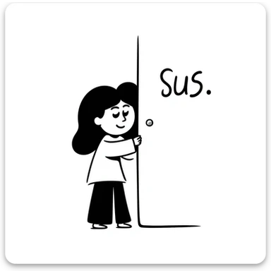 sketch of a sneaky character labeled 'sus' sticker
