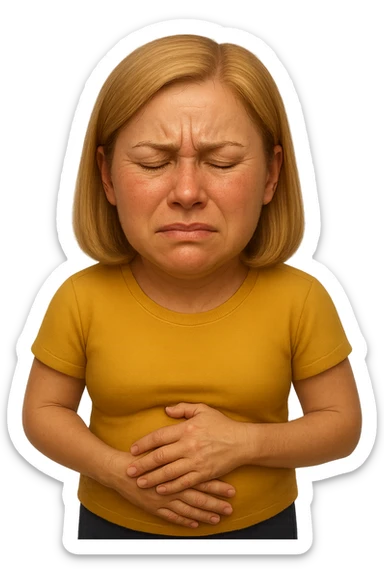 emoji stile iphone di donna con mal di pancia e pancia gonfia, iperrealistico 4k sticker