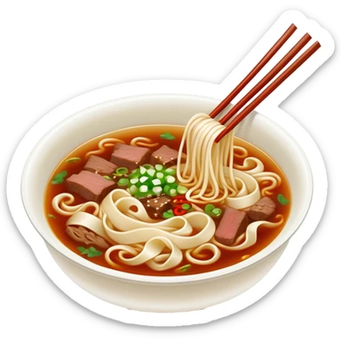 Lanzhou beef noodle soup with hand-pulled noodles, simplified emoji style with bold outlines and bright colors, cartoon style Gansu specialty La Mian sticker