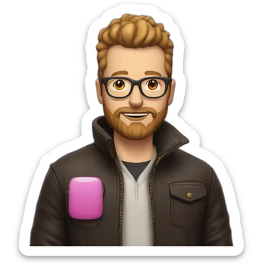 white man with brown beard a pink mohawk and thick glasses wearing a leather coat sticker