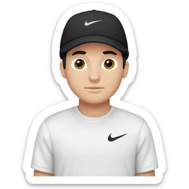 A guy wearing a white Nike shirt, a black Nike cap, sticker