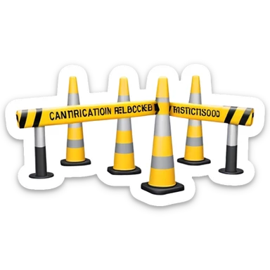 Two conical traffic bollards with a caution tape stretched between them, marking a restricted or blocked area sticker