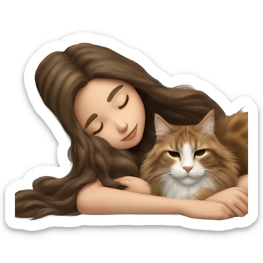 girl with long brunette hair sleeping cuddled with maine coon cat sticker