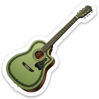 sage green acoustic guitar with black lacy-details sticker