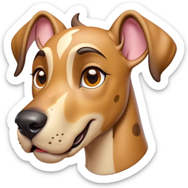 Cinematic Comical Fawn Great Dane Portrait Emoji, Head tilted dramatically with an exaggeratedly amused expression, featuring a sleek fawn Fur, wide, expressive amber eyes filled with playful disbelief, Simplified yet hilariously expressive features, highly detailed, glowing with a slightly sassy glow, high shine, dramatic yet playful, stylized with an air of cheeky mischief, bright and endearing, soft glowing outline, capturing the essence of a spirited and over-the-top guardian, so meme-worthy it feels like it could side-eye its way into internet fame instantly! sticker