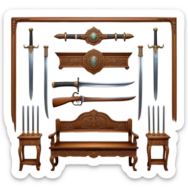 Icon for Antiques Collecting: vintage intricately carved furniture, famous paintings, antique swords, and rifles. The items are displayed on a wooden table or shelf. The icon should evoke the rich history and craftsmanship of antique collecting. Transparent background. sticker