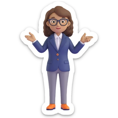 Economics professional mascot character with shoulder-length wavy brown hair, stylish glasses, navy blazer, pointing at economic symbols, full body view sticker