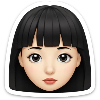black hair with bangs, small lips, big black eyes, small large nose and dimples sticker