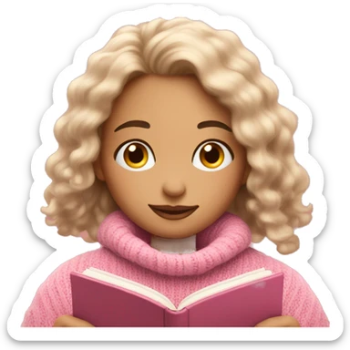 Pretty girl with pink sweater reading cozy sticker