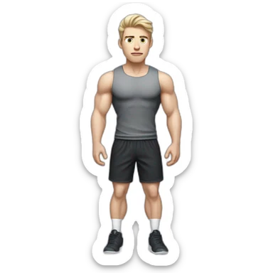 Confused Pale skinned Fit Man With the biceps and dark brown hair in black shirt, gray sports shorts and white Sneakers sticker