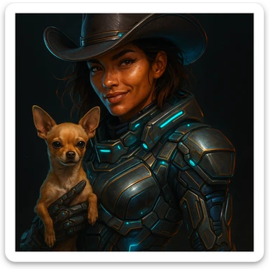 Portrait of a tanned female cowboy with subtle freckles, brown hair with auburn highlights, rebellious and playful expression, futuristic style, holding a beige-brown chihuahua, dark background, illustration with high-tech elements, metallic colors and neon lights sticker