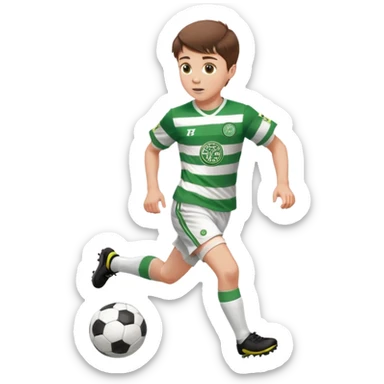 Celtic footballer jersey logo  6 years old brown hair white boy , brown eyes , stripes uniform , RUNNING  with soccer ball # 17 celtic football logo  ONE CELTIC LOGO ONLY white shorts sticker