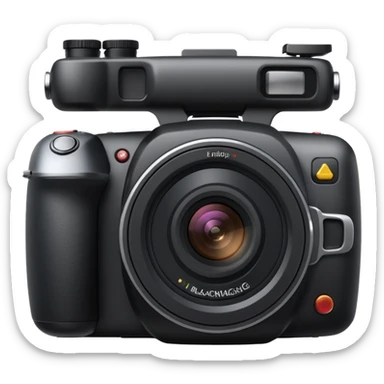 Blackmagic Pocket Cinema Camera, front view, lens visible, emoji style sticker