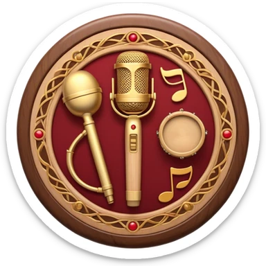 Create a warm and authentic humanless emoji representing folk singing. The design should feature a traditional folk microphone at the center, surrounded by classic instruments such as a bayan (button accordion), gusli (a traditional Russian zither), and a tambourine. Arrange these instruments in a harmonious, circular pattern to evoke a sense of folk music and community performance. Use natural, earthy colors like wood brown, deep red, and golden accents to reflect the rustic and heartfelt spirit of folk music. Add subtle musical notes to the background to convey the rhythm and harmony of the performance. The background should be transparent. sticker