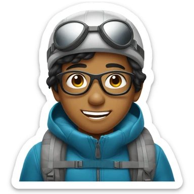 black hair smiling filipino boy with aviator glasses with skiing gear sticker