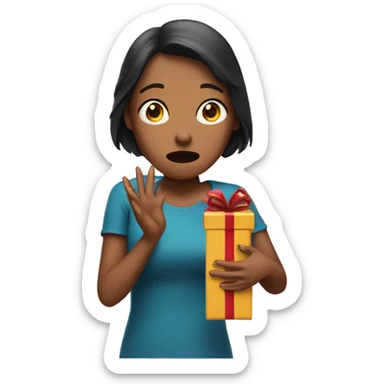 Scared woman holding a present with tears running down her face  sticker