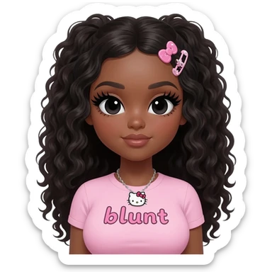 Long giant lashes, my melody hairclip, Doll faced shaped, hello kitty necklace, bimbo, black doll eyes, barbie, dark brown skin with long curly black hair, light pink bimbo shirt says "blunt" , big breast sticker