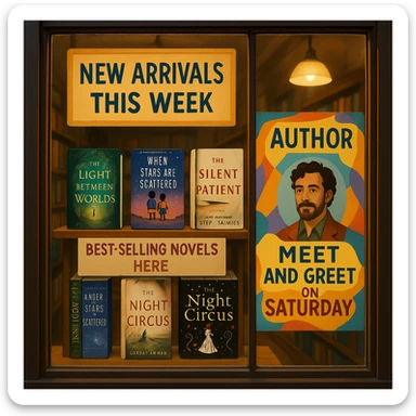 Bookstore window display. A sign displays “New Arrivals This Week”. Below, a shelf tag with the text “Best-Selling Novels Here”. To the side, a colorful poster advertises “Author Meet And Greet on Saturday” with a central portrait of the author. There are four books on the bookshelf, namely “The light between worlds” “When stars are scattered” “The slient patient” “The night circus” sticker