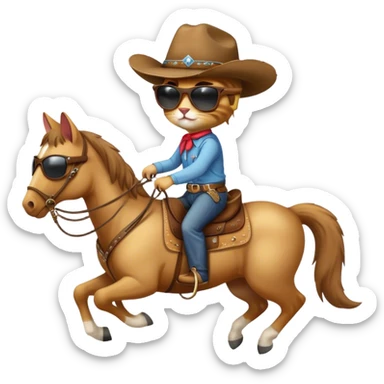 A cat with a cowboy hat and sunglasses riding a horse  sticker