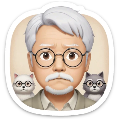 ​Cinematic Realistic Portrait of Hayao Miyazaki, depicted with striking white hair, defined black eyebrows, and large rectangular glasses, his thoughtful expression rendered in lifelike detail against a background of whimsical Studio Ghibli-inspired sketches, illuminated with soft, realistic lighting that emphasizes his creative genius, sticker