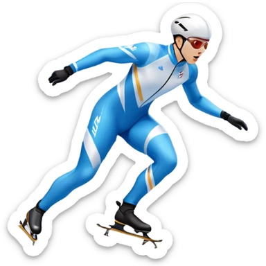 An icon showing a speed skater in a dynamic pose racing on a professional ice track, dressed in an aerodynamic suit. The scene includes a stadium with cheering crowds, icy reflections, and a snowy mountain backdrop. Transparent background captures the speed and intensity of the sport. sticker