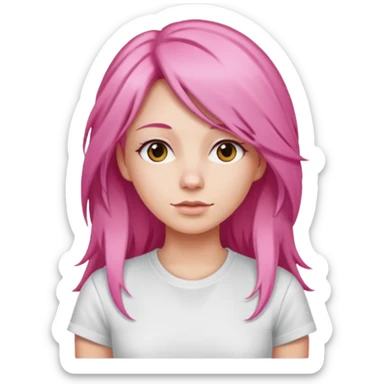 a woman with long layered pink hair, wearing white t-shirt sticker