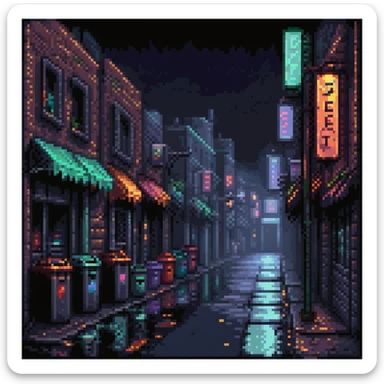 Pixel art background, side view of a dark Gotham-style street at night, moody lighting, flickering neon signs, trash bins, wet pavement, shadows in windows, 2D fighting game stage style, straight camera angle, retro arcade aesthetic
 sticker
