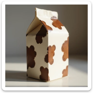 realistic milk box with cowhide texture, subtle shadows, photorealistic, natural lighting sticker