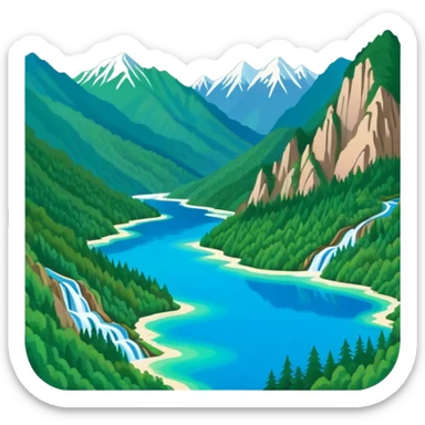 Jiuzhaigou Valley colorful lakes, simplified emoji style with bold outlines and bright colors, cartoon style blue water with mountains sticker