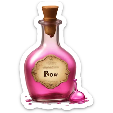 Mysterious Alchemical vintage glass potion bottle, exquisite bottle shape, old and shabby, with label, stylish and minimalistic, brown and pink, oil potion is poured out of the bottle, oil is spilled next to it sticker