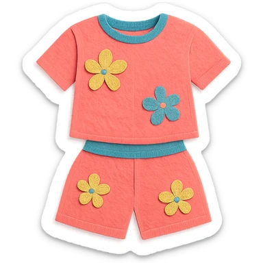 illustration of a women's short and tee shirt set with a floral pattern in paper-craft style sticker