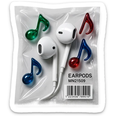 pair of white EarPods with three floating glass music notes in deep jewel tones (emerald, sapphire, ruby), shiny and puffy sticker